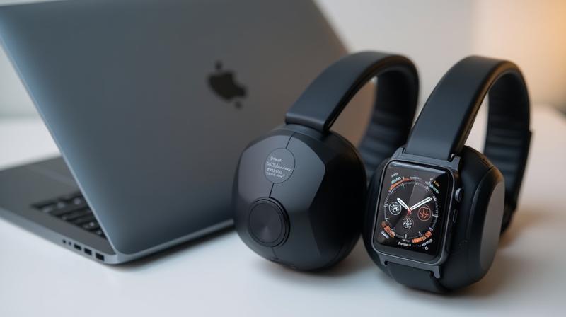 Image showcasing the prize package components including a laptop, headphones, and smart watch